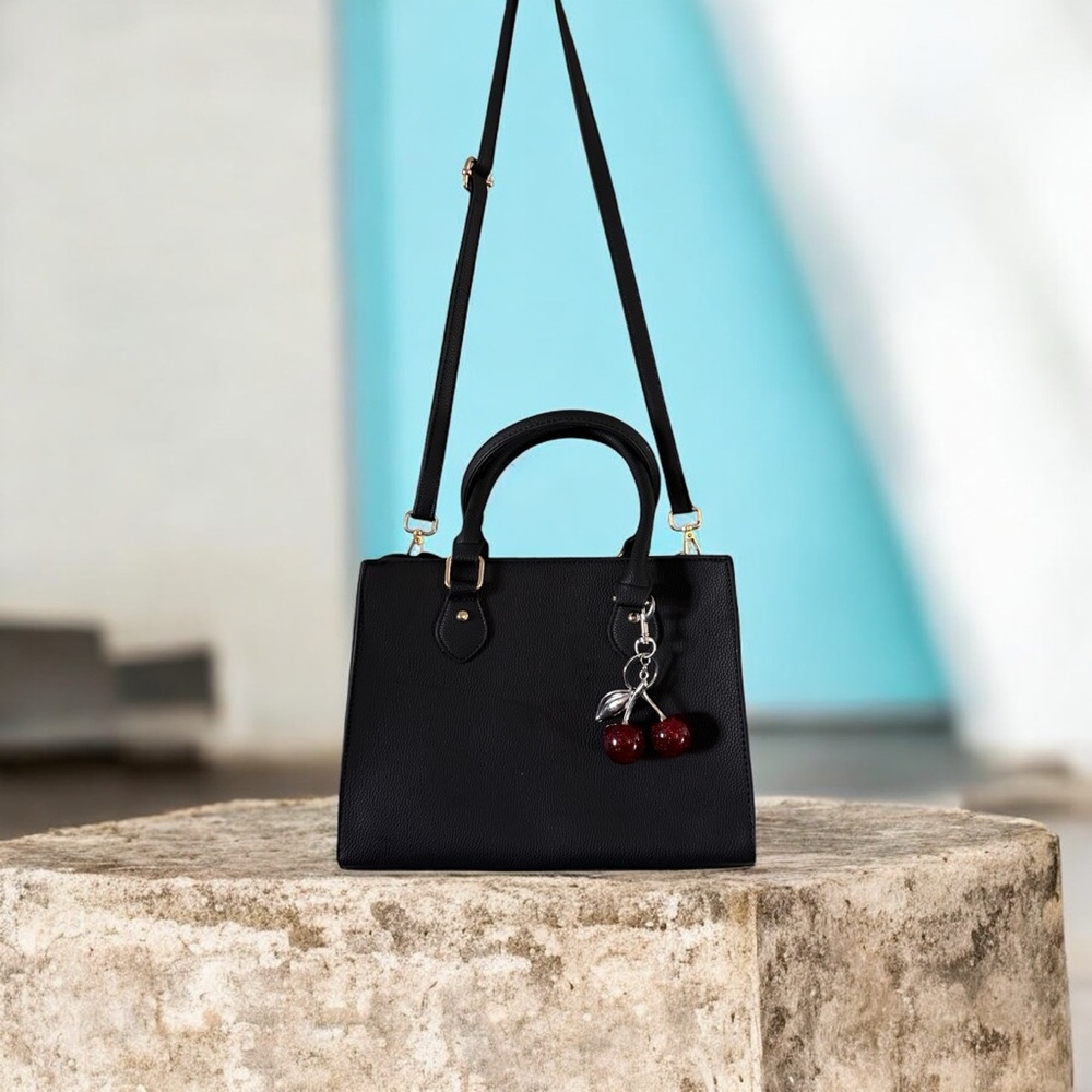 Elegant Black Handbag with Cherry Charm-Vegan Leather - Picture 4 of 10